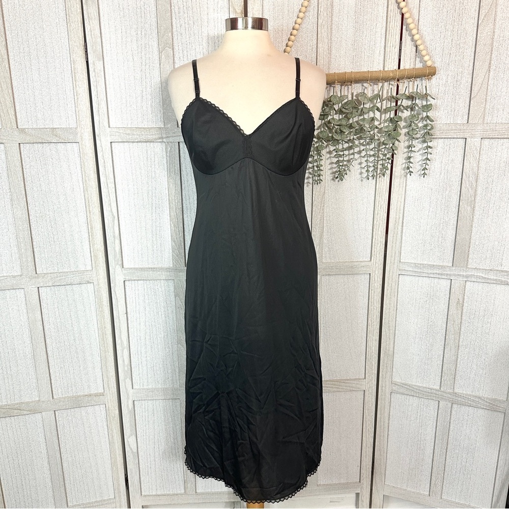 Retro 50s Slip Dress Chemise Midi Vintage Vanity Fair Black 100% Nylon Size 36 L